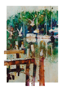 Very saturated watercolors. Fishing Dock - Bayside Wisc., St.