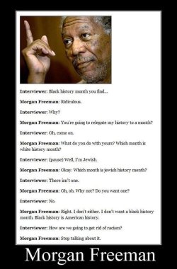 fear-the-dreamer:  thedutchlover:  crazycatshipper:  emmibarrett:  himapapaftw:  no you just you don’t understand morgan freeman is perfect  I love this guy! Respect earned!  Oh thank god I’m not the only one that thinks Black history month is silly