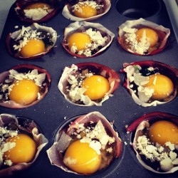 Prosciutto-wrapped egg cups, before and after