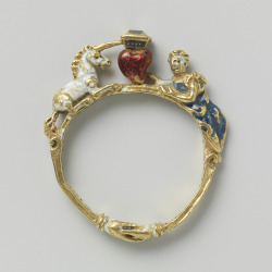 pythias: Ring with unicorn, heart, lady, and clasped hands. Made