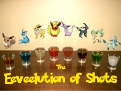 thedrunkenmoogle:  The Eeveelution of Shots (Pokemon shot set)