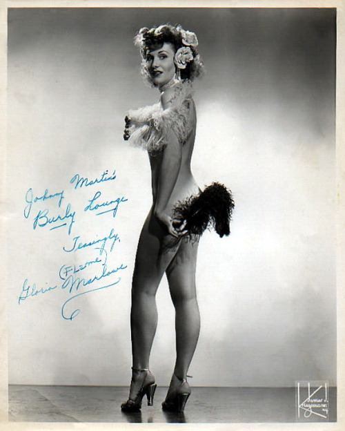  Gloria Marlowe   aka. “Flame”.. Vintage 50’s-era promo photo personalized: “Johnny Martin’s Burly Lounge — Teasingly, Gloria (Flame) Marlowe.” 