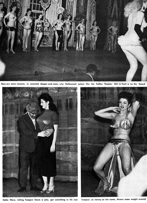 In 1928, Annie Blanche Banks was born in Eastman, Georgia.. In the early 1950s, she began her Burlesk career as Tempest Storm, at the ‘FOLLIES Theatre’ in Los Angeles.. Tempest can be seen (3rd dancer from Left) in the Top tier image, waiting