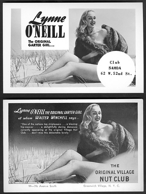 A photo of Lynne O'Neill posing on a Long Island beach in only a fur coat, is used for a pair of promo postcards advertising appearances at the ‘Club SAMOA’ on 52nd Street, and 'The Village NUT CLUB’ in Greenwich Village; both popular