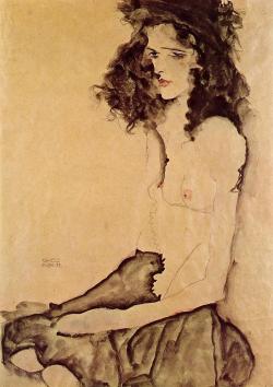 nottheredbaron:  Egon Schiele Girl in Black, 1911 paper, watercolor