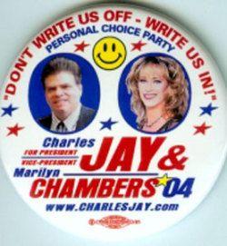 Rare political button for Marilyn&rsquo;s first of two unsuccessful bids to be vice president of the United States. She received 946 votes. She ran again, also as Charles Jay&rsquo;s running mate, in 2008.