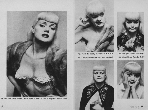 Gilda    aka. “The Our Gang Stripper”.. An older Shirley Jean Rickert makes funny faces for an article featured in the October ‘56 issue of ‘CARNIVAL’ magazine; a popular 50’s-era Men’s Pocket Digest..