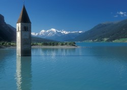  Lake Reschen, South Tyrol, Italy. The reservoir submerged two