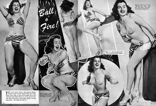 Bostonian Mona Corey shows off her wild-and-wooly “Zebra Dance”; as featured in this unidentified Men’s magazine photo article..