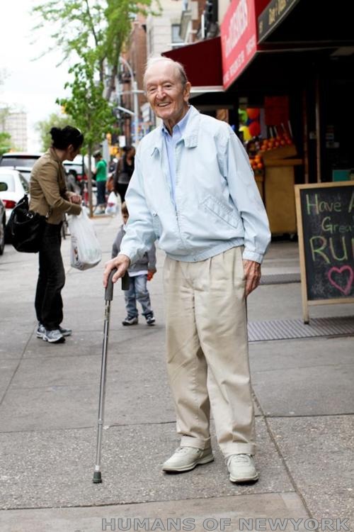 bikini-by-summer:  thelinethattiesme:  tyleroakley:  humansofnewyork:  I found this man on 7th Avenue in Park Slope. He was leaning heavily on his cane, looking down, wearing a grimaced face. I felt bad for him, so I smiled and waved when I walked past.