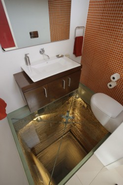  Bathroom with glass floor, overlooking a 15 story elevator shaft. 