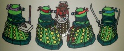 dalekdraw:  Day 105: Teenage Mutant Ninja Kaleds! From left to right: Dalektello, Extermaell, Splintavros, Michextermio, Leodalek. My first multi-Dalek drawing in a while. I hate the time sunk into these sorts of drawings, but the end result is usually