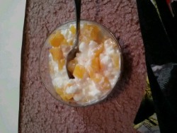 Nom nom breaking for lunch. Cottage cheese and peaches :9