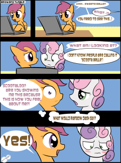 derpygrooves:  artsiewoodbrush:  Scootaloo discovers shipping.((I