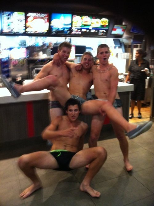 “Hey, we should all go to McDonald’s  in our Speedos!” “Yes! Let’s do it!”Guys are crazy.