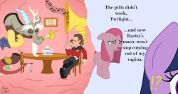 Discord and Q having a spot of tea… inside of Pinkie’s
