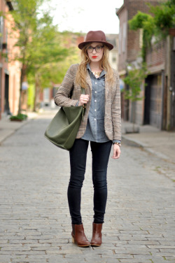 what-do-i-wear:  blazer + hat: h&m / shirt: j.crew / jeans: