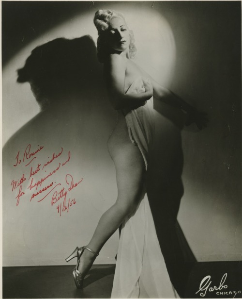 burlyqnell:   Betty Dean   Vintage 50’s-era promo photo personalized: “To Ronnie — With best wishes for happiness and success. — Betty Dean   4/12/’56”..