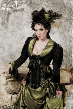 pelennanor:  thenoblehare: Time Traveller Lauren contemplates her next adventure. Gallery Serpentine “Victorian Time Traveller” collection 2012.French Wedding Revolution skirt with bucklesViolet Bolero in chartreuse &amp; blackFemme Fatale corset