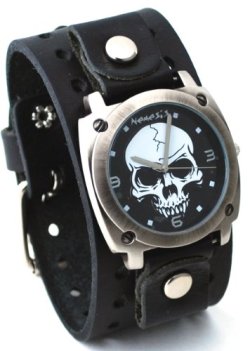 Nemesis #B926K Men&rsquo;s Gun Metal Skull Dial Wide Leather Cuff Band Watch