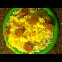 Ghetto Cuisine of eggs, white rice, cheese and chicken nuggets👌#food