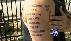 Tattoo of Leviticus 18:22 forbidding homosexuality: 赨 Not