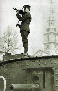  A lone Russian violinist atop a tank in the First World War,