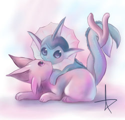 lady-kumquats:  Vaporeon and Espeon by *Kenneos  see? Now is