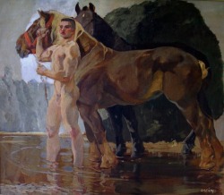 Ludwig Vacatko Male Nude with Two Horses at Stream.