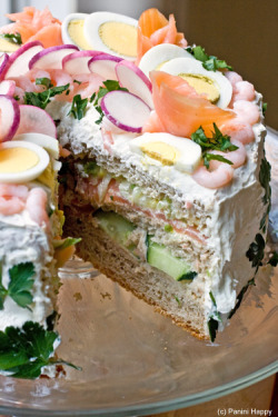 thecakebar:  Smorgastarta - Swedish Sandwich Cake Tutorial!Â  Swedish savory sandwich cake with layers of bread separating creamy fillings.     