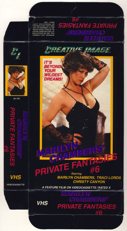 Higher-quality version of the cover for Marilyn Chambers’ Private Fantasies #6, 1984; the original video, the last in the Private Fantasies series, featured a scene with Traci Lords who was 16 at the time. Her scenes were deleted for future VHS