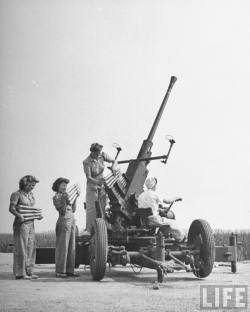 Loading shells for Bofors Anti-Aircraft guns at Aberdeen, 1942.