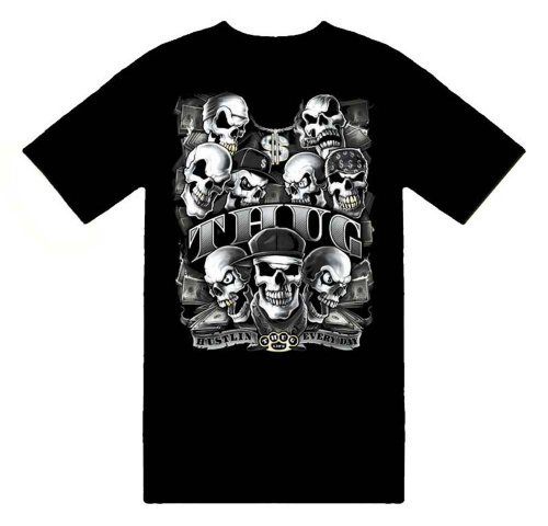 Thug Life Hustlin Gangster Skull Money T-Shirt; Great Gift Ideas for Adults, Men, Boys, Youth, & Teens, Collectible Novelty Shirts