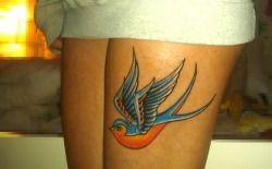 fuckyeahtattoos:  My first ever tattoo. I’ve always wanted a swallow and i LOVE thigh tattoos, so why not have a huge one? Reminds me of being by the sea in Cornwall. Done at Bridgend Tattoo Studio by the amazing Nipper.