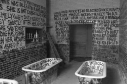 redlightpurpleline:    Graffiti in an abandoned mental institution.