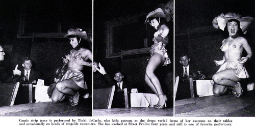 Tinki DeCarlo has some fun with an audience member at Chicago’s ‘Silver Frolics’ club.. Scanned from the pages of the March '56 issue of 'CABARET’ magazine..