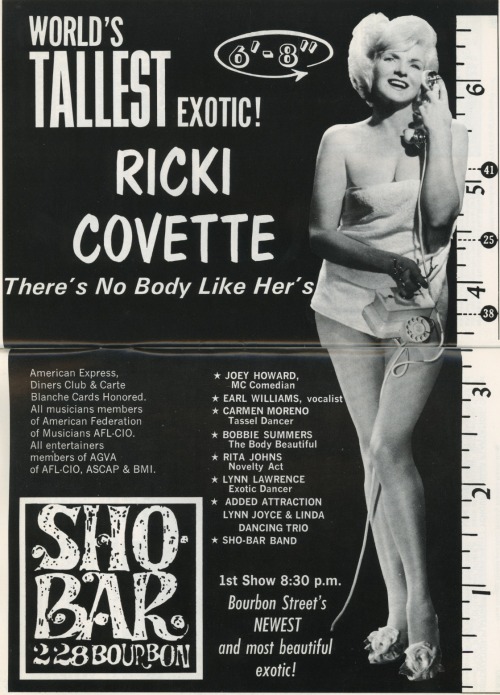 burlyqnell:    A 2-page ad in a New Orleans travel guide, promoting an appearance by Ricki Covette at the ‘SHO-BAR’ nightclub, on Bourbon Street..