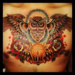 fuckyeahtattoos:  Chest Owl Tattoo