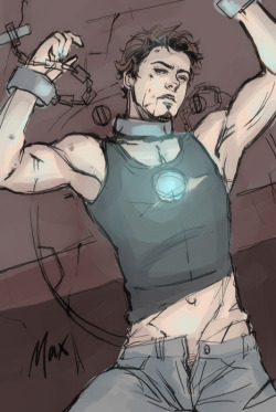 thingsfortwwings:  [Fanart: Tony Stark chained to a wall, his