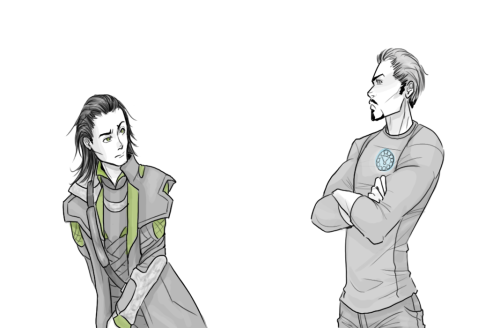 samoubica:  Just finished this up. I thought it was pretty appropriate to draw. Here’s the full sized image. :3  http://samoubica.deviantart.com/art/Loki-and-Tony-s-Face-Off-308074313   omg the faces are so perfect I nearly choked.
