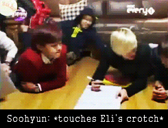 soongirin-deactivated20160110:  Soohyun: *Touches Eli’s crotch*Eli: