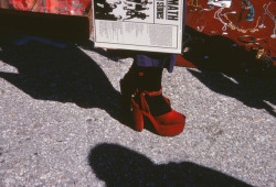 thepieshops:  Aftermath A woman in red heels holds a copy of