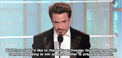 Tony Stark apparently accepting an award on behalf of Robert