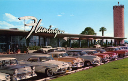 theniftyfifties:  The Flamingo Hotel carpark, Las Vegas, 1950s.