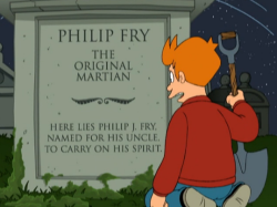 twinkly:  “Here Lies Philip J. Fry, named for his uncle, to