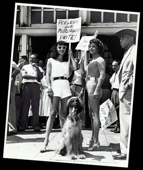 Novita (wearing sunglasses) marches the picket line with other members of the ‘Exotic Dancers League’.. The picket took place in 1959, in front of the offices of the ‘Los Angeles Examiner’ newspaper; to protest their new policy of disallowing