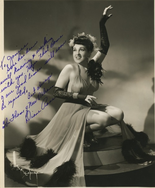 burlyqnell:   Diane Ross    Vintage 50’s-era promo photo personalized to fellow dancer Janice Miller: “To Janice — Sure has been swell knowing & working with you. Hope that some of our good times will soon be repeated. Best always, — The