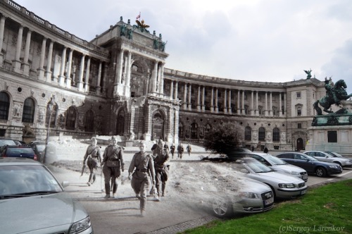 designcloud:  The Ghosts of World War II by Sergey Larenkov Taking old World War II photos, Russian photographer Sergey Larenkov carefully photoshops them over more recent shots to make the past come alive. Not only do we get to experience places like