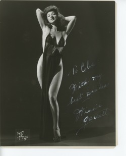 burlyqnell:    Winnie Garrett    aka. &ldquo;The Flaming Redhead&rdquo;.. Vintage 50’s-era promo photo signed: &ldquo;To Celia,  With my best wishes &ndash; Winnie Garrett&rdquo;..