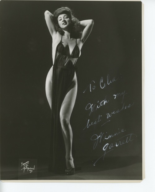 burlyqnell:    Winnie Garrett    aka. “The Flaming Redhead”.. Vintage 50’s-era promo photo signed: “To Celia,  With my best wishes – Winnie Garrett”..